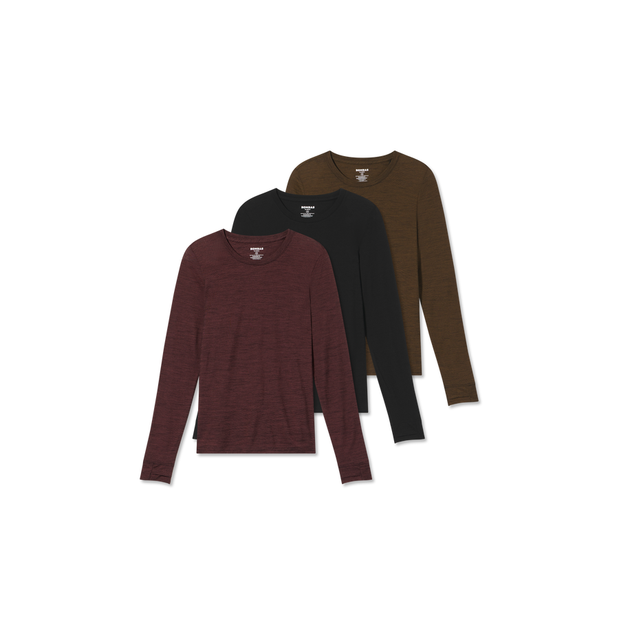 Women's Merino Wool Blend Crew Neck Long Sleeve T-Shirt 3-Pack - Clean Finish